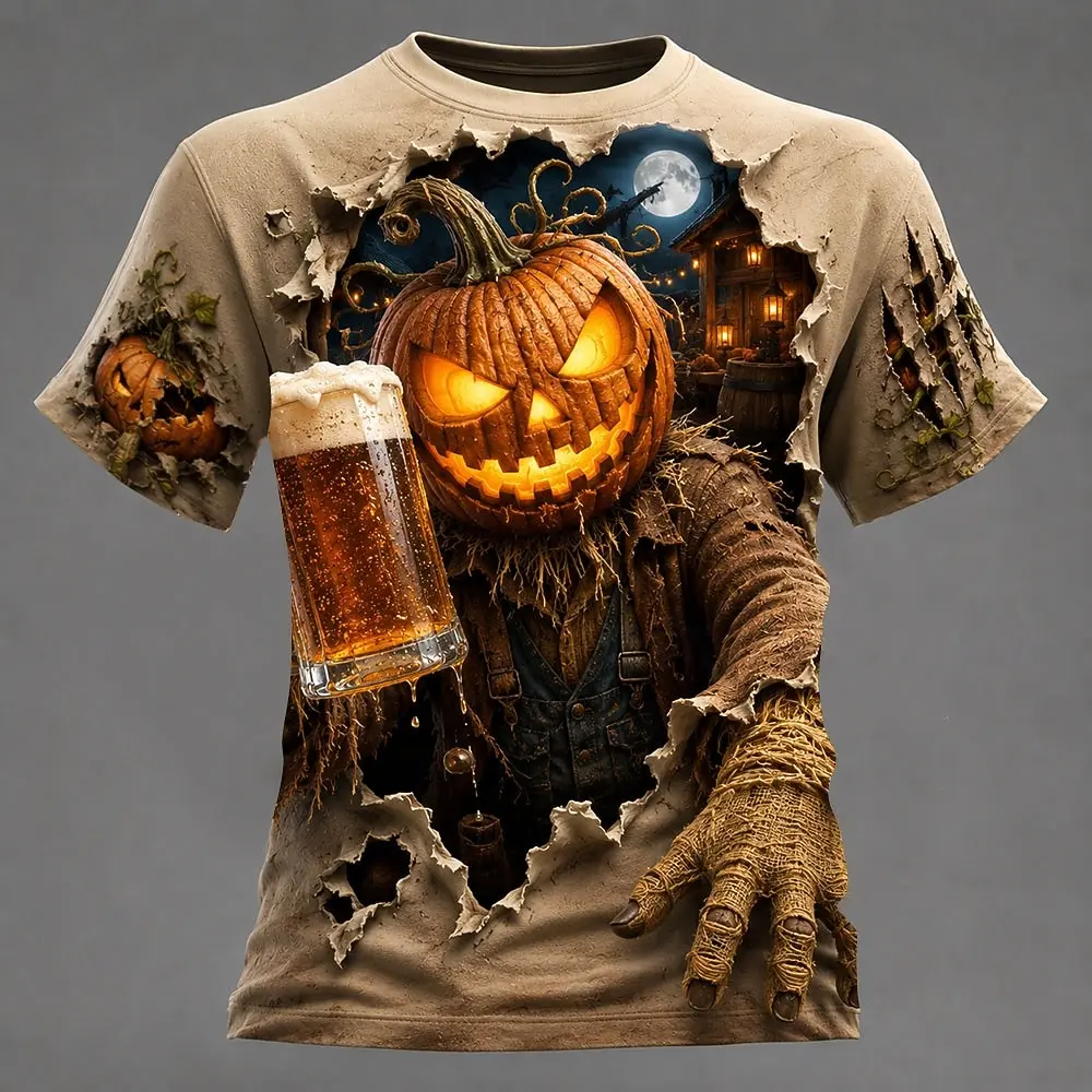 Men's Spring Summer 3D Printed Crew Neck Tee, Ripped Paper Pumpkin Scarecrow Beer Halloween Horror Casual Top