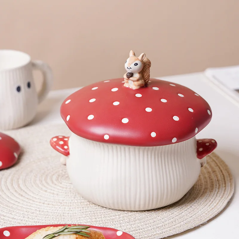 Creative Squirrel Mushroom Ceramic Bowl Plate Kitchen Cooking Tableware Dinner Soup Bowl Dessert Noodle Plate Cartoon Tableware