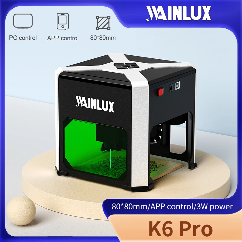 Wainlux 3000mw CNC 레이저 조각기, 미니 레이저 조각기, PC 및 모바일 제어 로고 프린터, 마크 DIY 조각기 K6 지원 