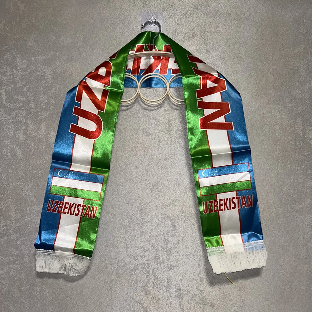 Uzbekistan Scarf 14x135cm Double-sided Printed Satin Uzbekistan Flag Scarf Tassels for 2026 Football Cup, Sports, Events