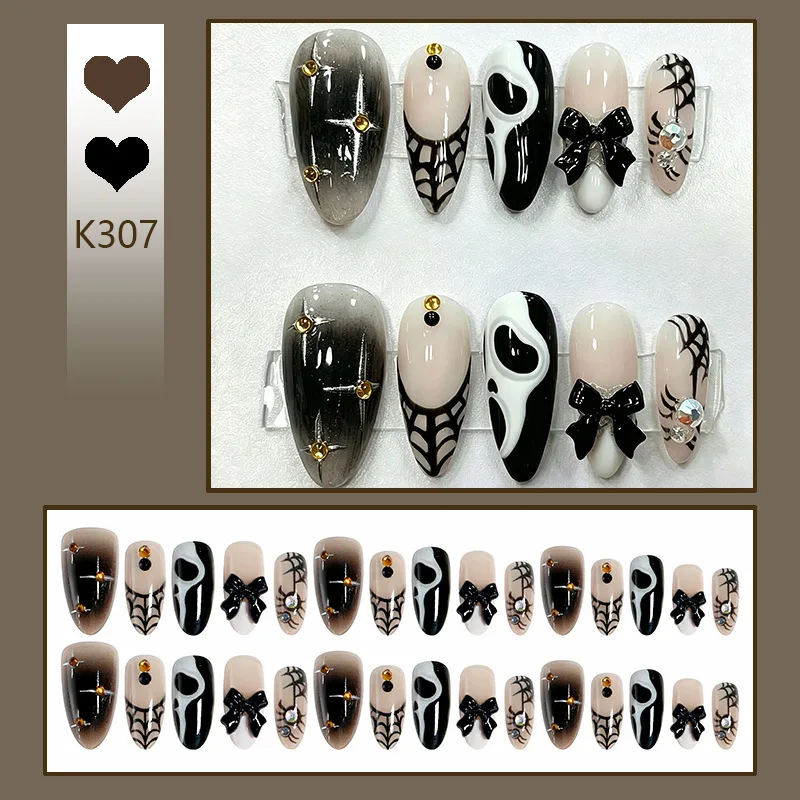 30 Stück Gradient Schwarz Halloween Künstliche Nägel Horror Geist Spinnennetz 3D Schleifen Dekor Aufklebenägel Dunkle Mandelform Party Falsche Nägel – Detail 3