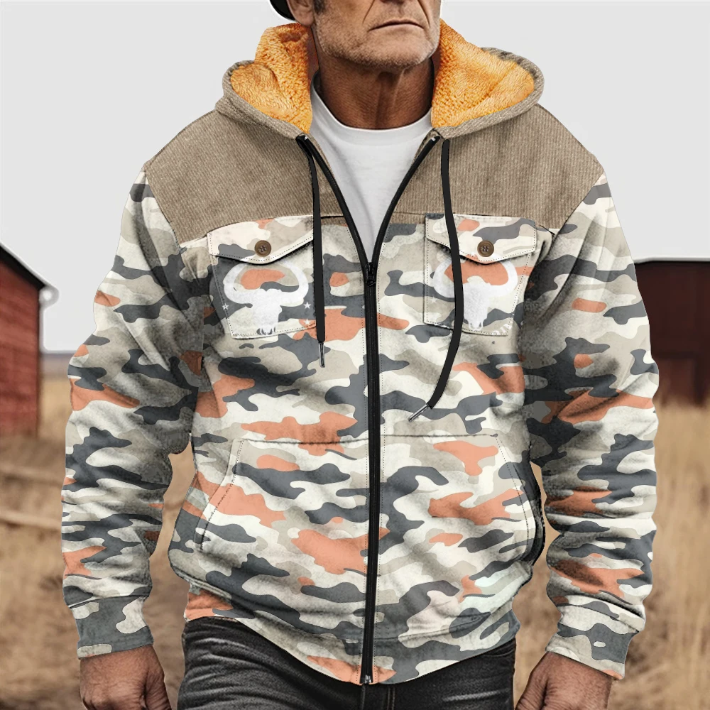 Winter men's oversized men's beige printed coat, fashionable and avant-garde, thick and warm