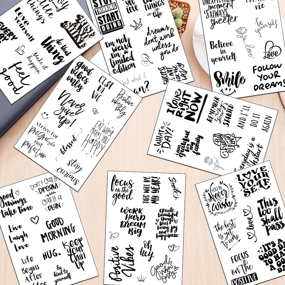 8/16 Vellen Zwart-Wit Engels Inspirerende Collage Stickers Laptop Gitaar Cup Skateboard Sticker Kind Graffiti Sticker Speelgoed