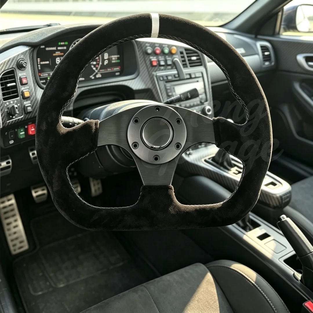 Silver Ring Trumpet Suede/Leather Racing Flat D Shape Steering Wheel Universal Sport Car 13inch 320MM