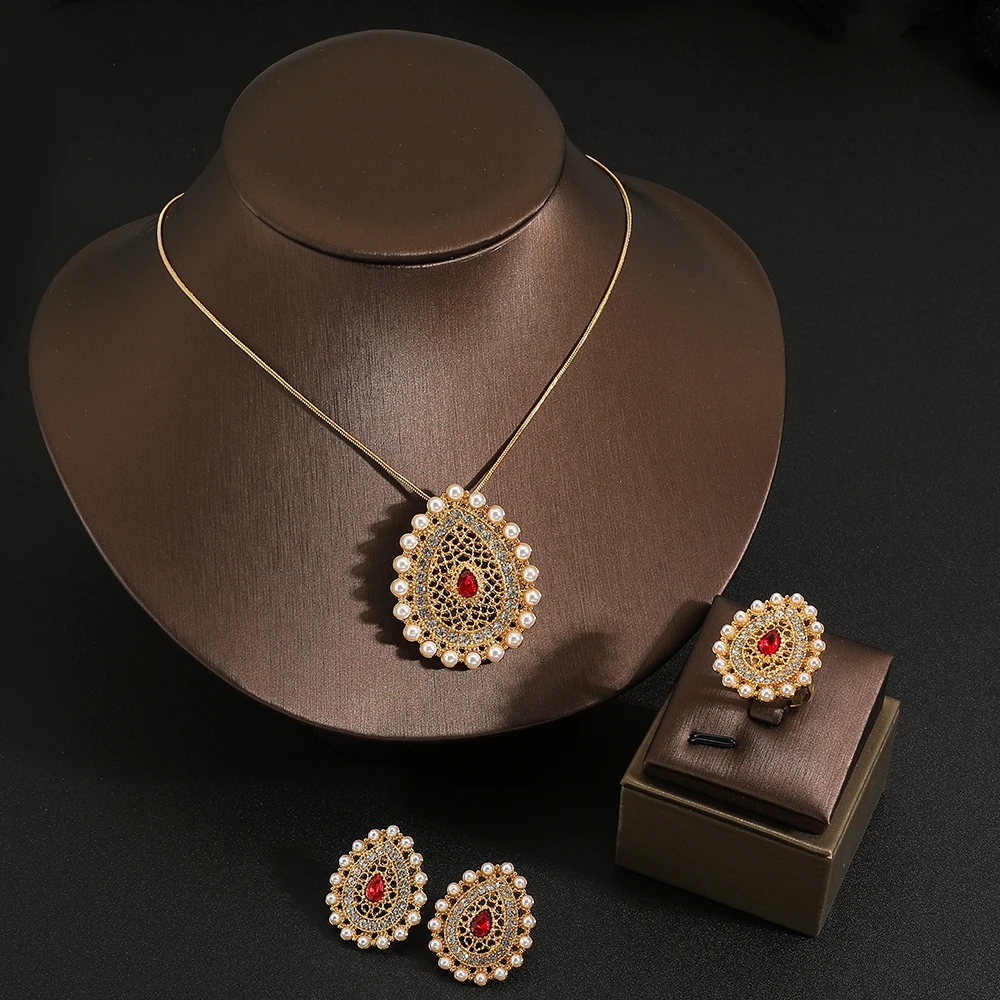 Hot Arabian Style Pearl Geometric Pendant Necklace Earrings Ring 3 Piece Set Classic Banquet Wedding Jewelry Set Birthday Gift