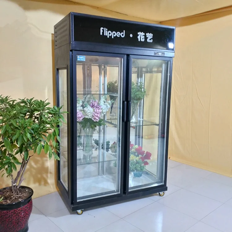 3つのガラス扉付き直立型フラワーチラー、花屋用冷蔵庫