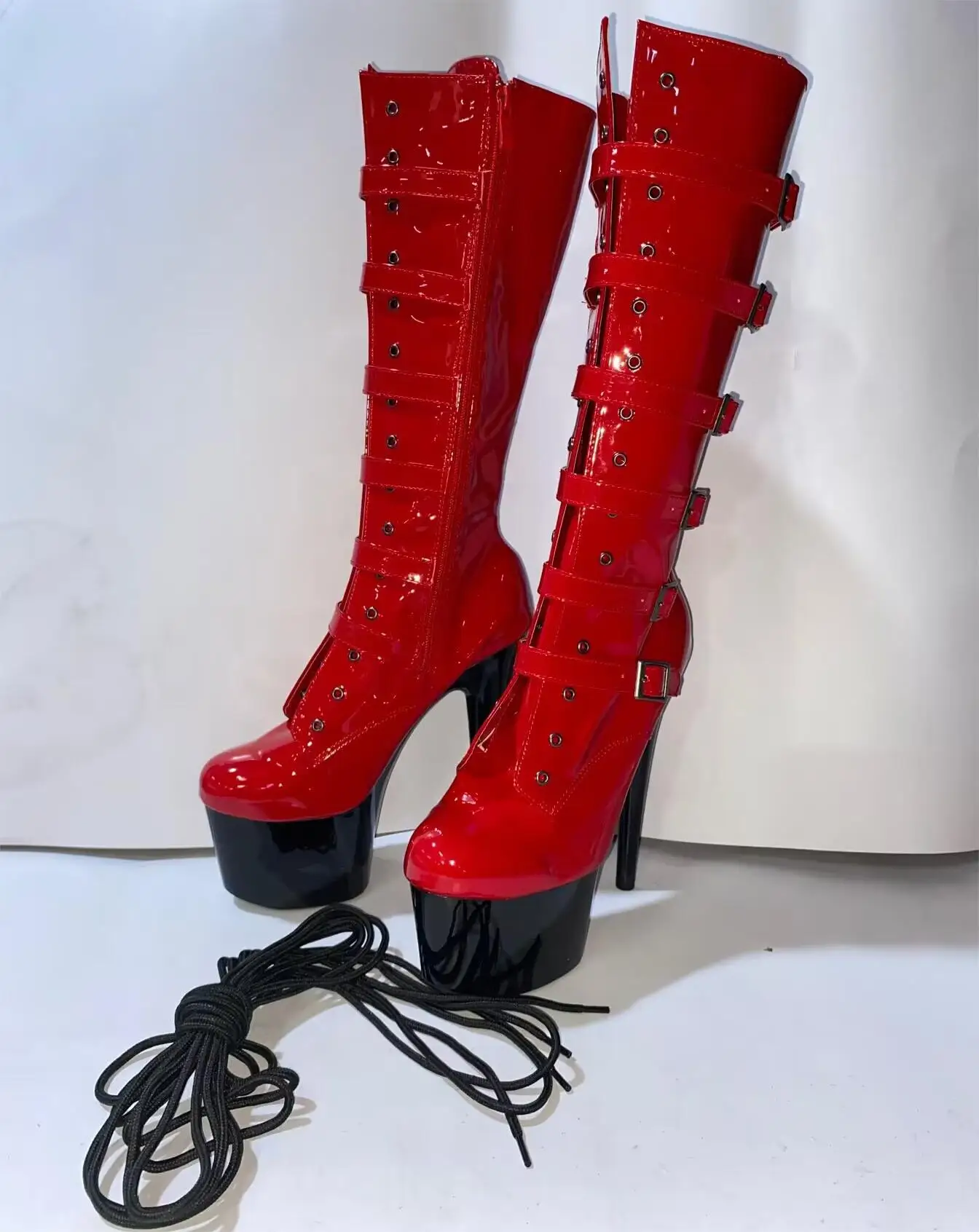 Red upper black soles sexy 17cm heels and large size boots, stage beautiful model high dancing shoes