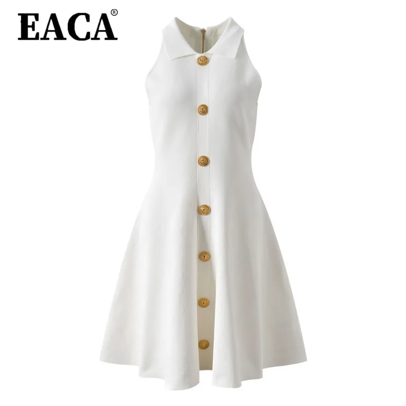 

EACA Small Fragrant POLO Collar Metal Buckle Sleeveless Dress 2025 Summer Female Temperament Elegant Waist Look Thin Short Skirt