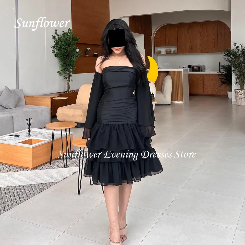 Sunflower Simple Strapless Chiffon A-LINE Prom Gowns 2024 High Quality Slim Tiered Long Sleeve Tea-Length Formal Evening Dress