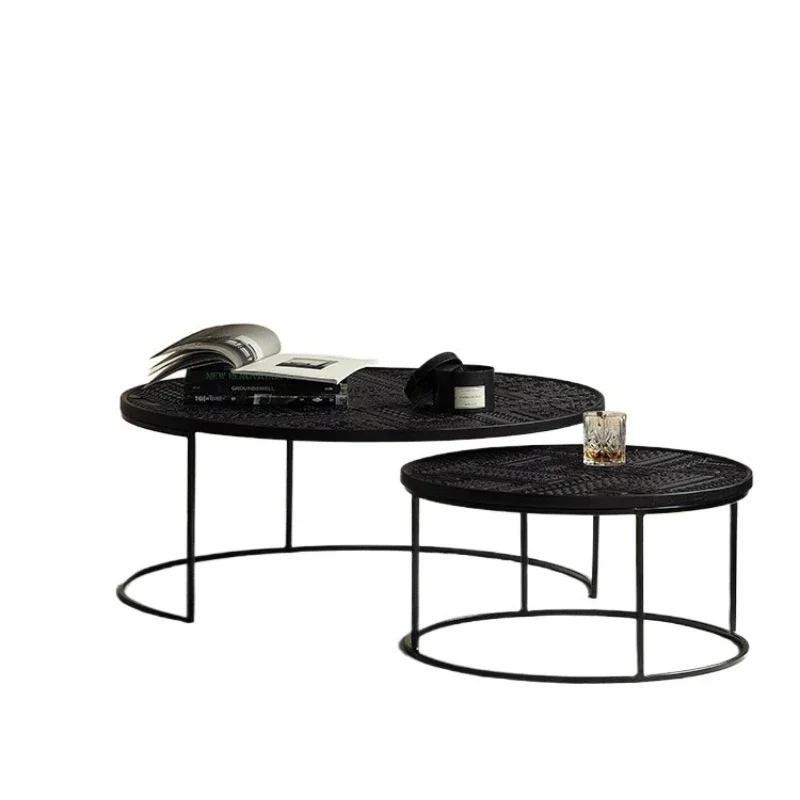 Nordic imported oak solid wood hand-carved round combination art black edge table, coffee table