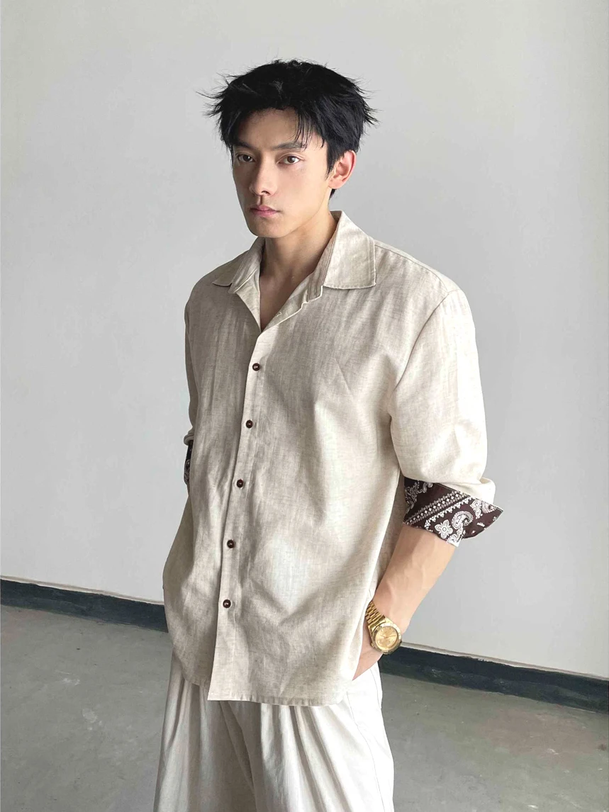 

American Retro Cotton Linen irt Men's Classic Long Sve Embroidered Casual Workwear irt Trendy Open Cardigan Sle