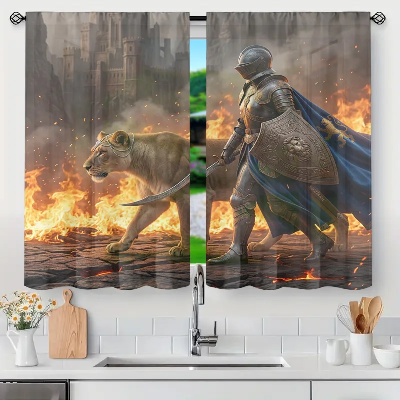 Dramatic Fantasy Lion and Knight Fight Curtain Window Panels Aesthetic Medieval Warrior Decor Light Filtering Curtain Room Divid