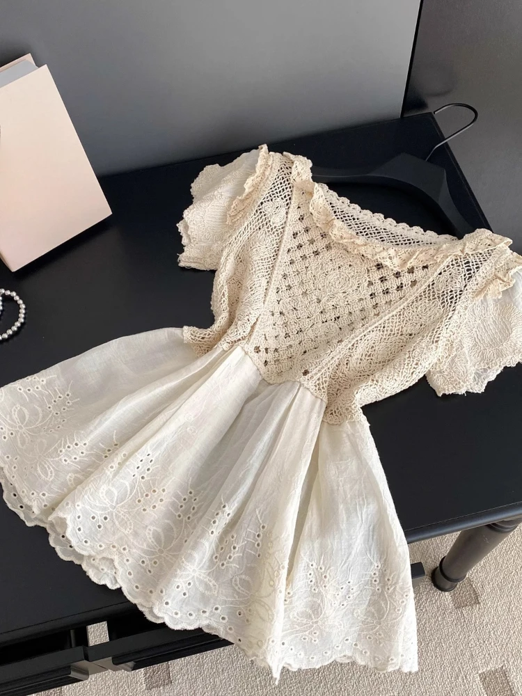 

Korean Chic Shirts Hook Flower Hollow Knit Patchwork Ruffles Solid Color Blouses Summer All Match Design 2025 Women's Clothing