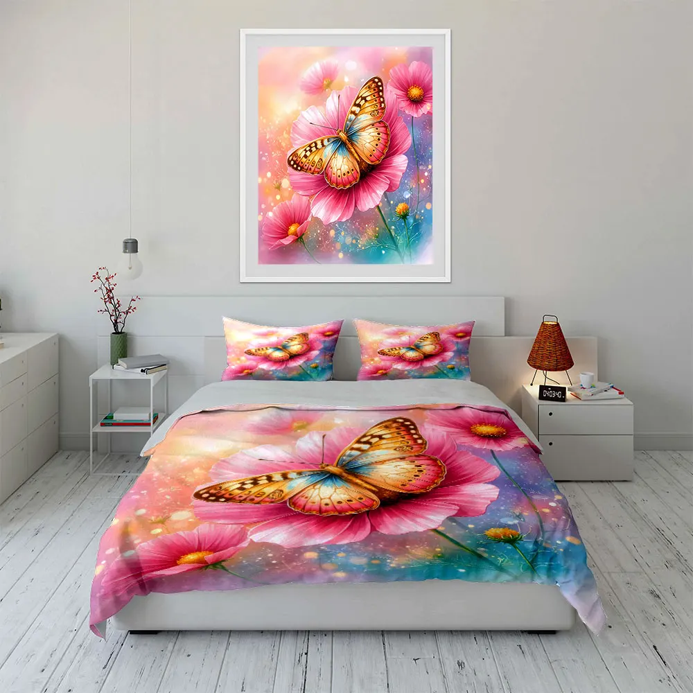 Butterfly on Pink Flower Print Soft Comfortable Duvet Cover Bedding Set Included 1*Duvet Cover  2*Pillowcases Luxury gifts