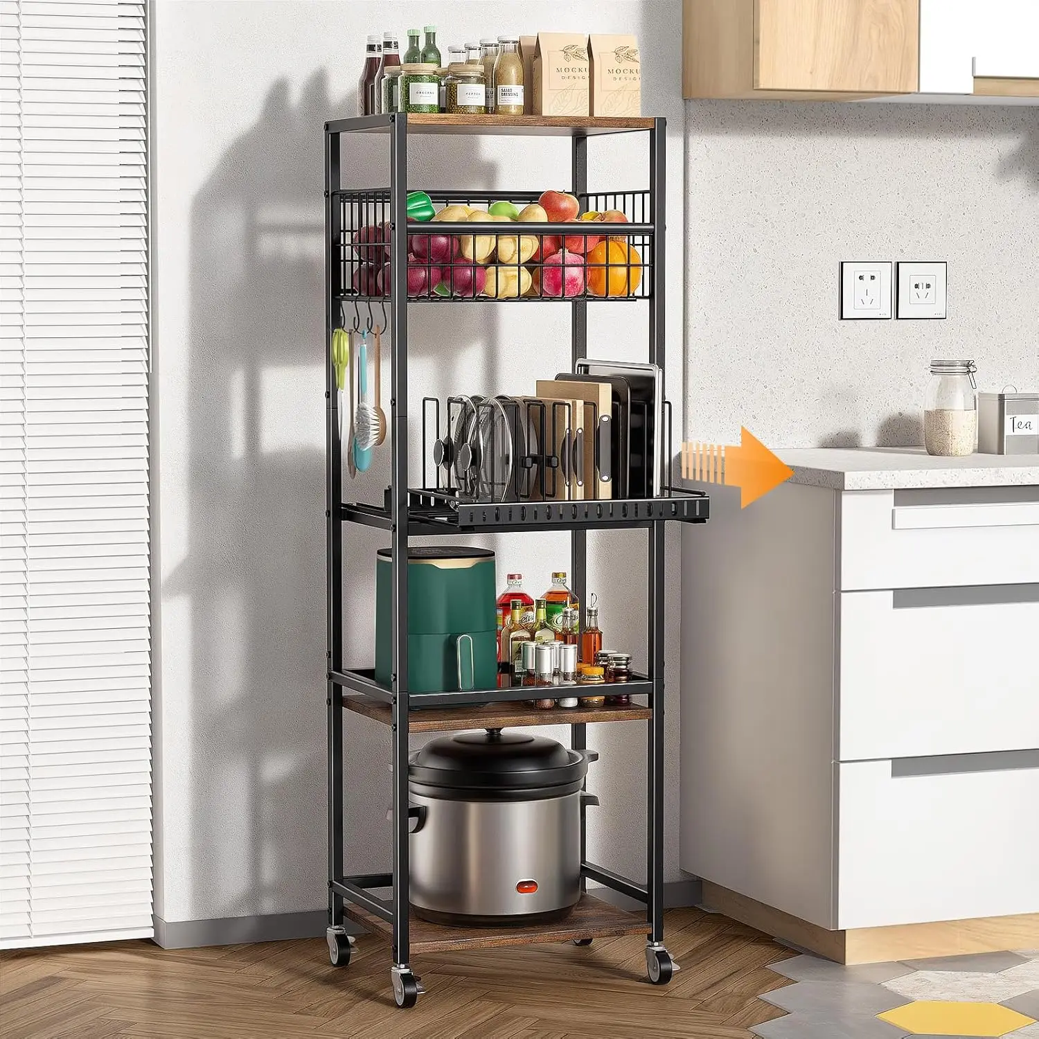 

5-Tier Rolling Kitchen Cart with Pull-Out Organizer, Fruit Basket, and Wooden Shelves for Storage