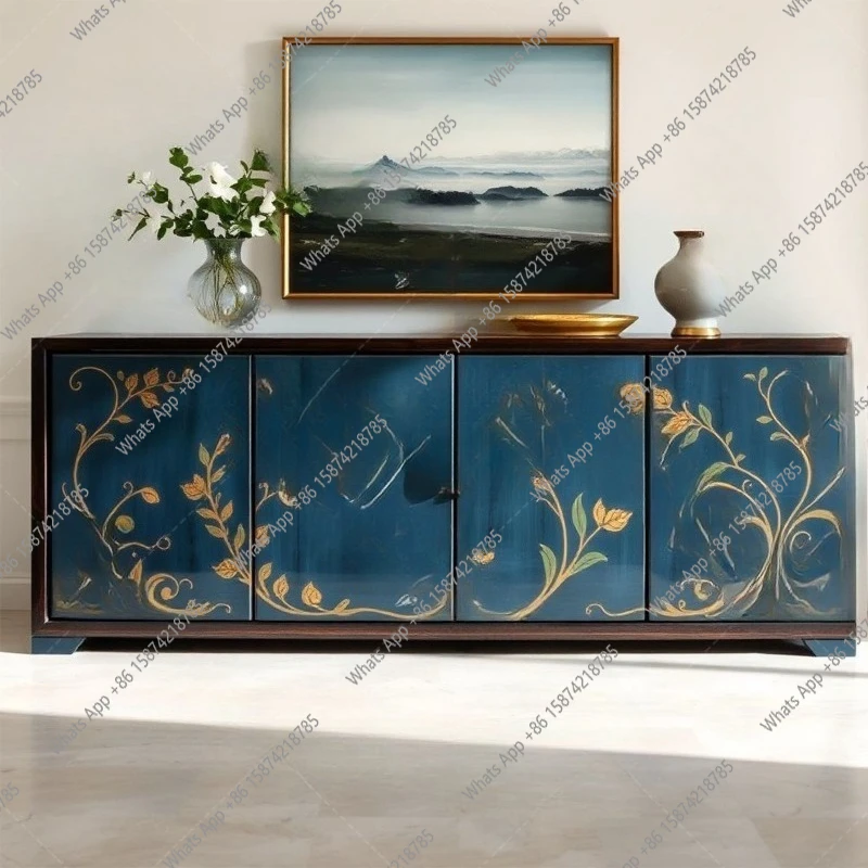 

French retro solid wood painted entrance cabinet, living room decorative cabinet, locker, display cabinet, side cabinet