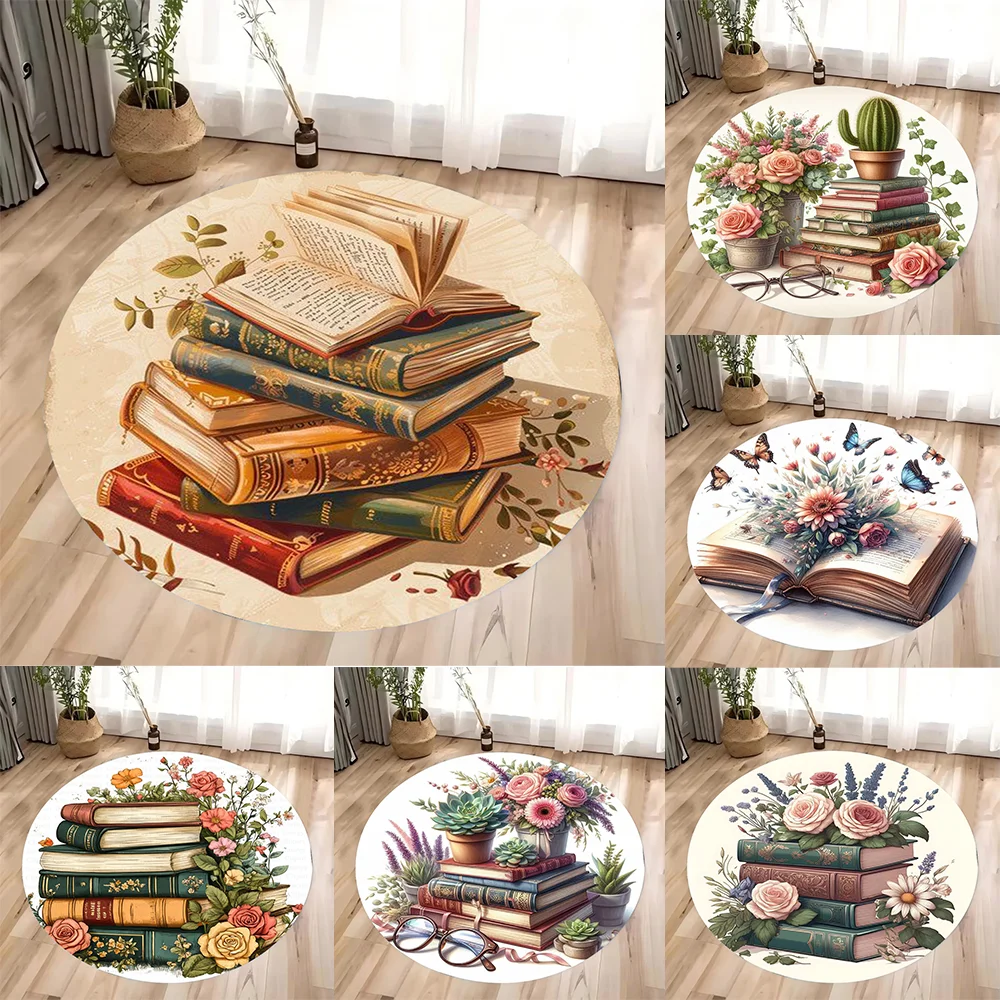 

Круглый ковер в стиле ретро с древними книгами и бабочками — нескользящий коврик с цветочным принтом для спальни, гостиной и стульев