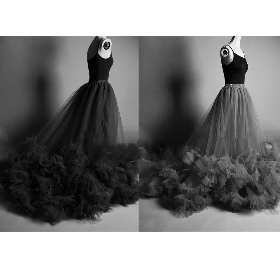 Real Image Women Black Long Tutu Tulle Skirts With Ruffles Tutu Bottom Voluminous Tulle Skirt Female Maxi Skirt