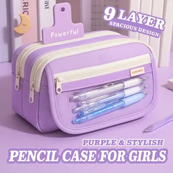 Purple Pencil Case Large Capacity 3 Compartments School Pencils Bag Zipper Pen Pouch Back To School For Girls Stationery