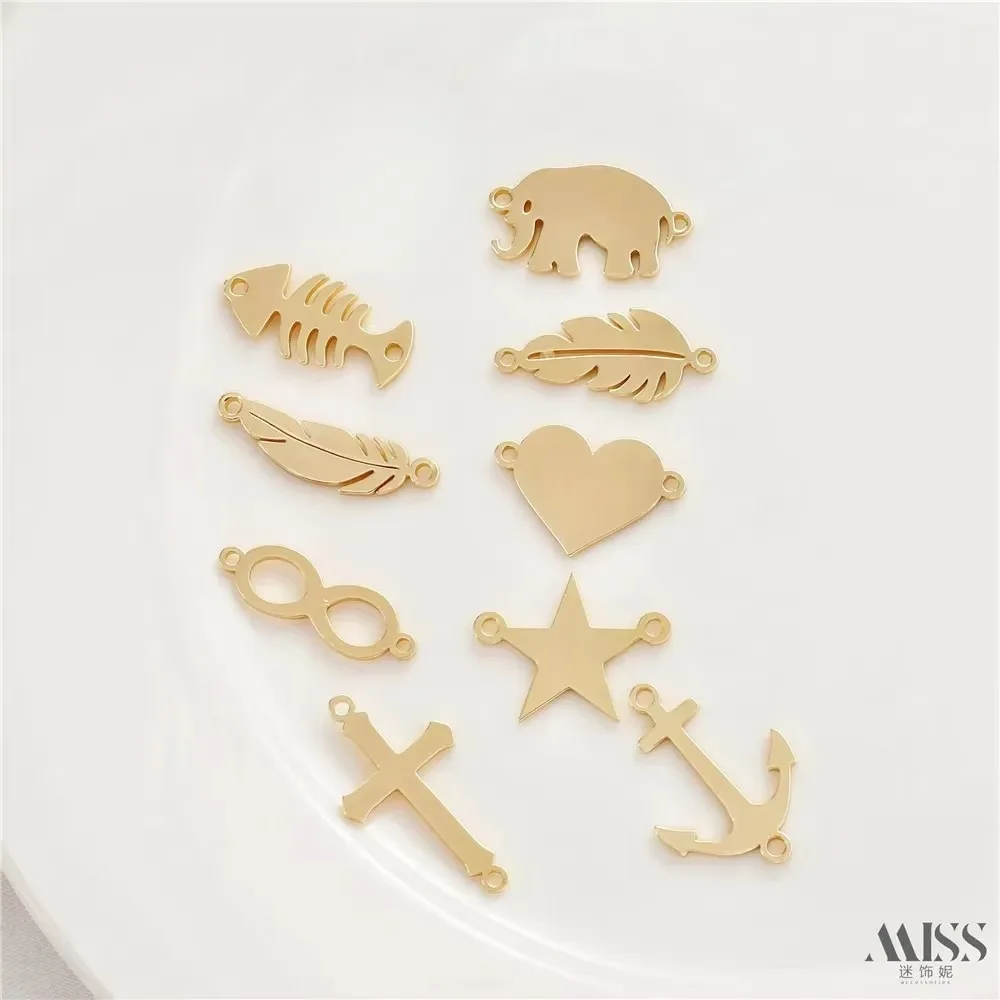 14K Gold-wrapped Glossy Love Leaf Anchor Double Pendant Flat Piece Pendant DIY Bracelet Necklace Earrings Accessories