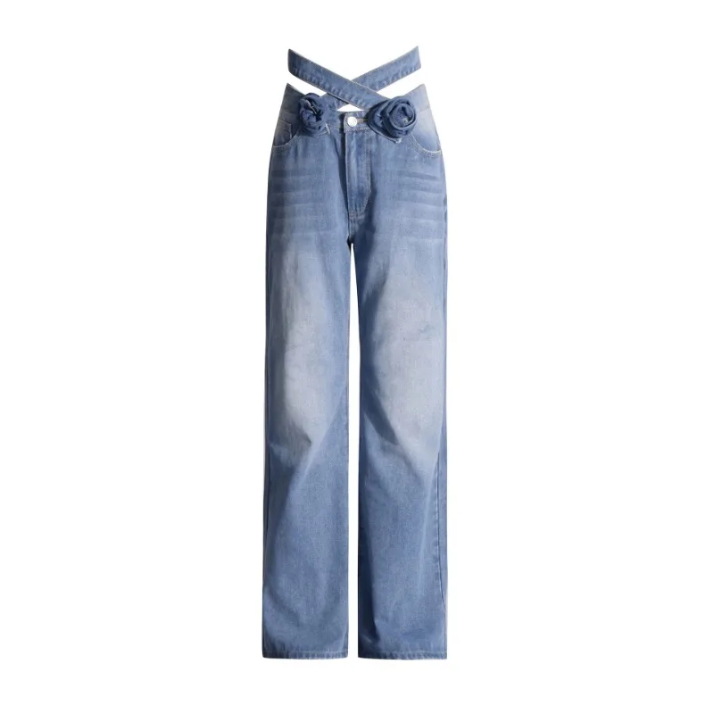 Women's Fashion Three-dimensional Flower Stitching Belt Summer New Light Blue Straight Leg Jeans