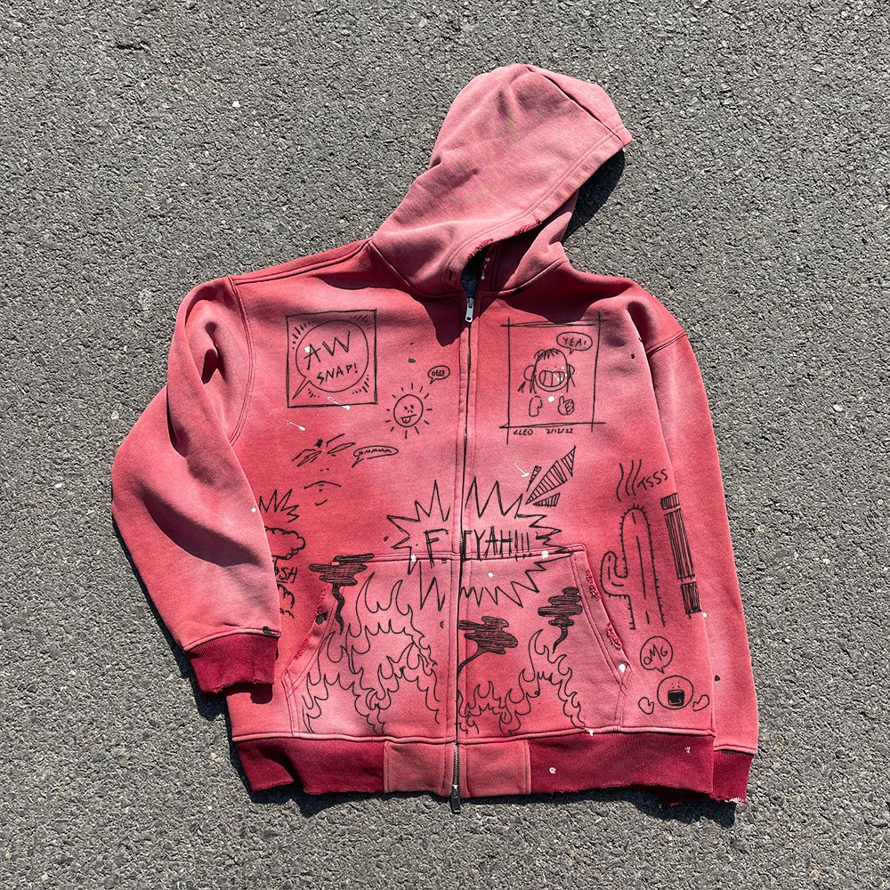 Couple Heavy Washed Graffiti Dual Zipper Design Sweatshirt Cardigan by Wang Studio Fashionable Streetwear Hoodie Outerwear