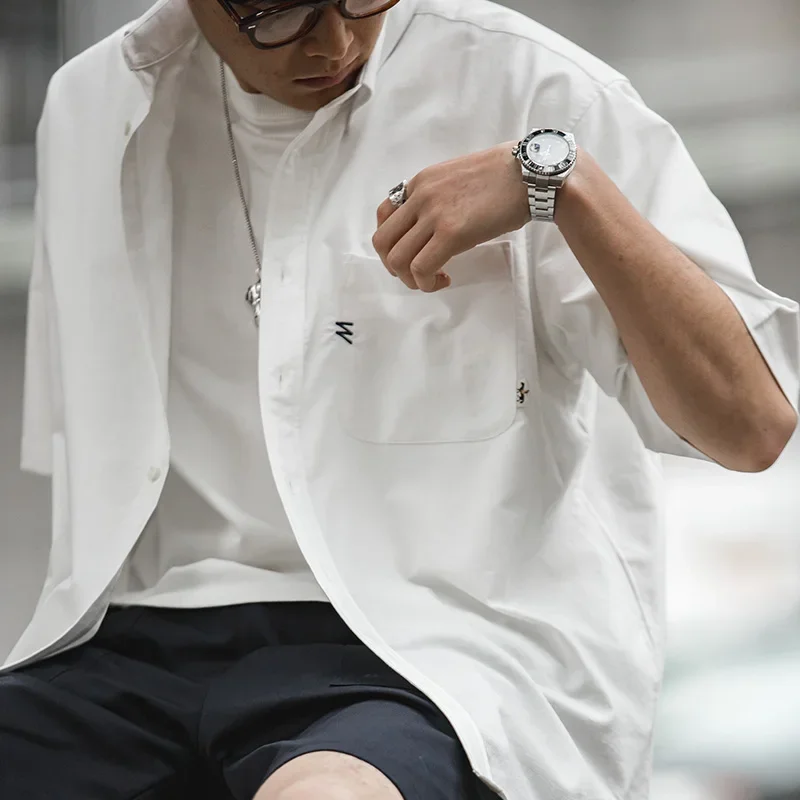 

Maden Men's Retro Oversize Short Sleeve Shirt Summer 100% Cotton Loose Fit Shirts with Pocket Solid Color Cityboy Casual Tops