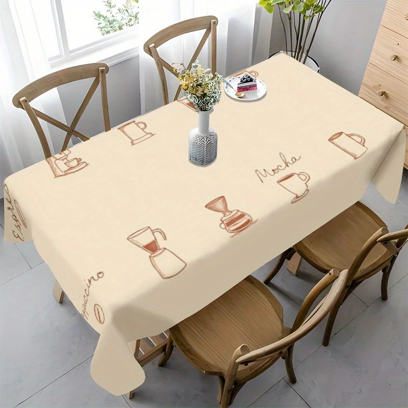 Coffee Theme Tablecloth, Cream Base Brown Hand Drawn Coffee Cup Print Waterproof Table Cover, Washable for Cafe Dining Decor