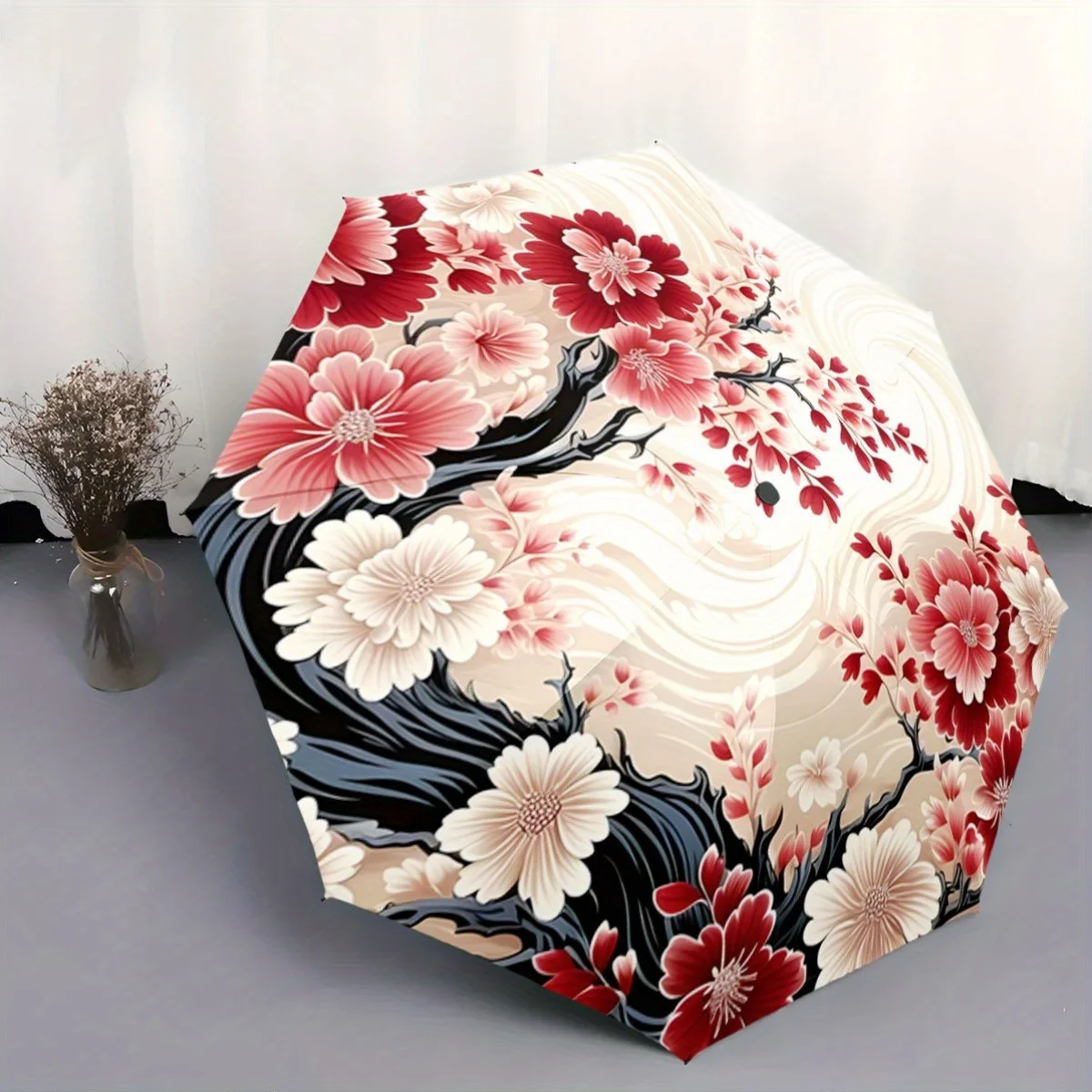 

Автоматический складной зонт с цветочным узором «Цветущая вишня» — прочная 8-спицевая конструкция, красно-белый цветочный дизайн, компактный дорожный зонт для путешествий