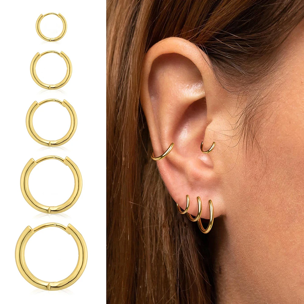 5Pairs/Pack Stainless Steel Hoop Earrings For Women Men Ear Simple Circle Piercing Jewelry Huggies Round Helix Tragus Mixed Size