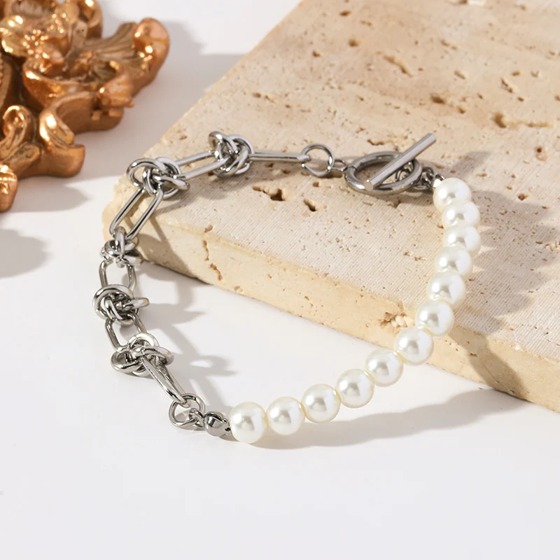 EILIECK 316L Edelstahl Asymmetrisches Perlenketten-Halsketten-Armband-Set für Damen, Modisches Silberfarbenes Wasserdichtes Schmuckgeschenk – Detail 14