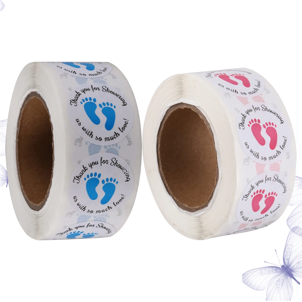 

2Pcs Baby Shower Decoration Round Stickers Self Adhesive Footprint Labels Blue Pink Premium Material For Candy Bags Gifts