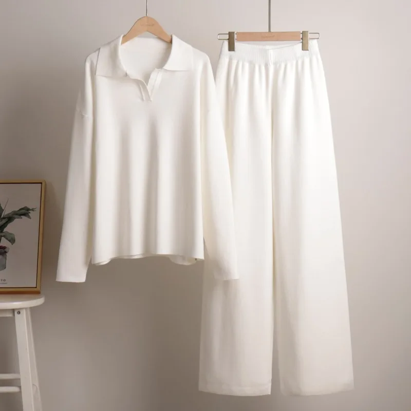 Two-piece Set Cross-border Knitted Set European American Autumn Winter Sweater Polo Collar Knitted Pullover Wide-leg Long Pants