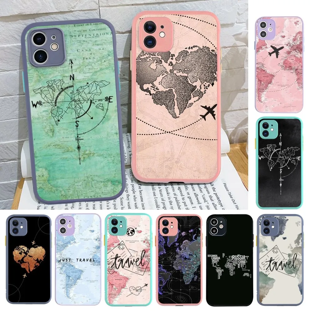 World Map Travel Just Go  Phone Case for iPhone 14 11 12 13 Mini Pro Max 8 7 Plus X XR XS MAX Translucent Matte Cover