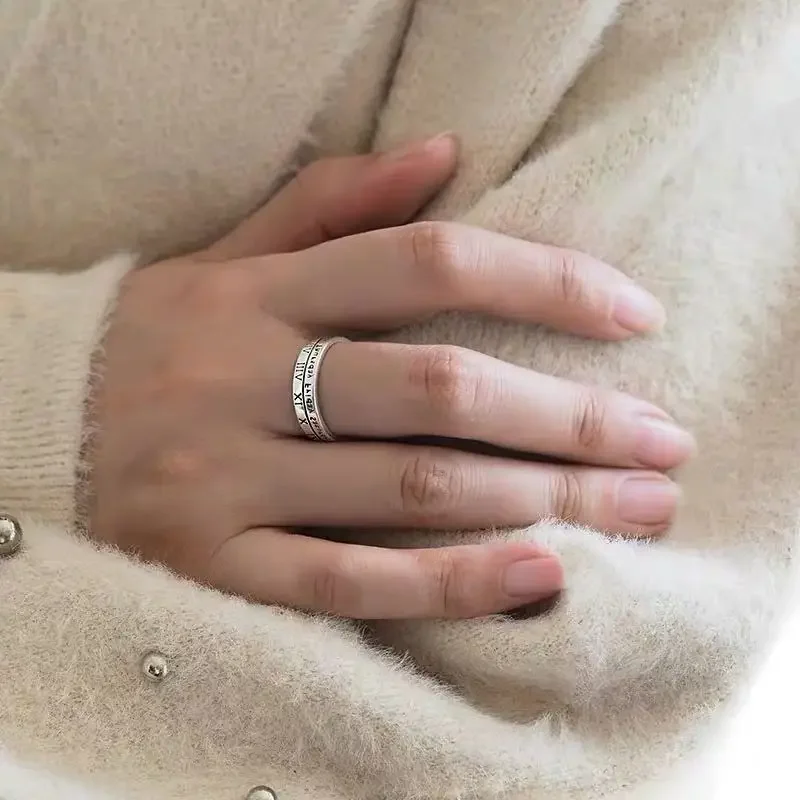 Retro prata esculpida folha roma número personagens anel jóias aberto ajustável livre anneaux para homens mulheres anillos anel tendência presente