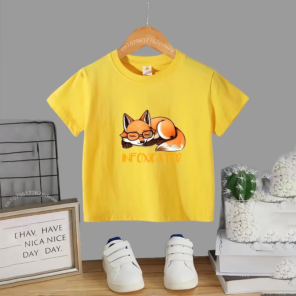 Kids Summer 100% Cotton T-shirt Lazy Little Fox Print Teen Casual Cotton T-shirt Boys Girls Comfortable short sleeve top