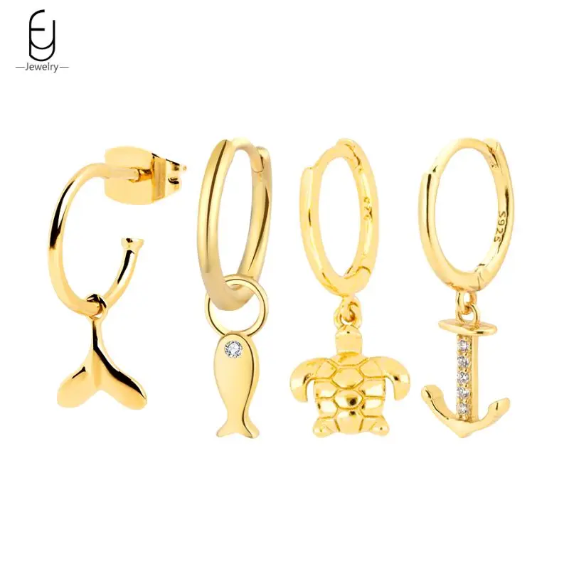 

1 Pair 925 Sterling Silver Needle Marine animals Hoop Earrings For Women Cute Fish/Turtle Pendant Earrings Fashion Jewelry