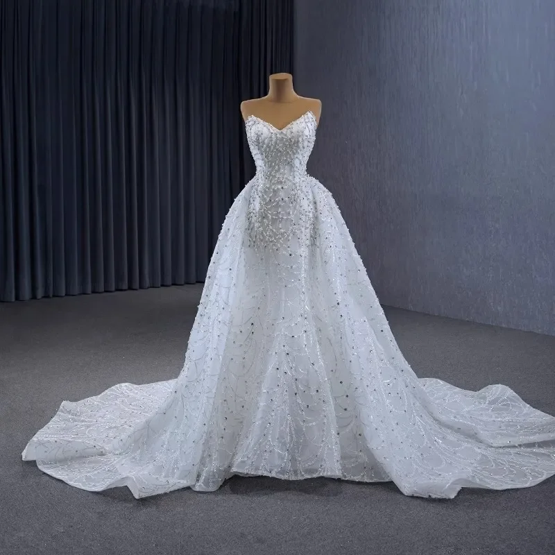 

Customized Classic White Bead Pearl Sequin Wedding Dress Mermaid Strapless Sleeveless Backless Court Train 2025