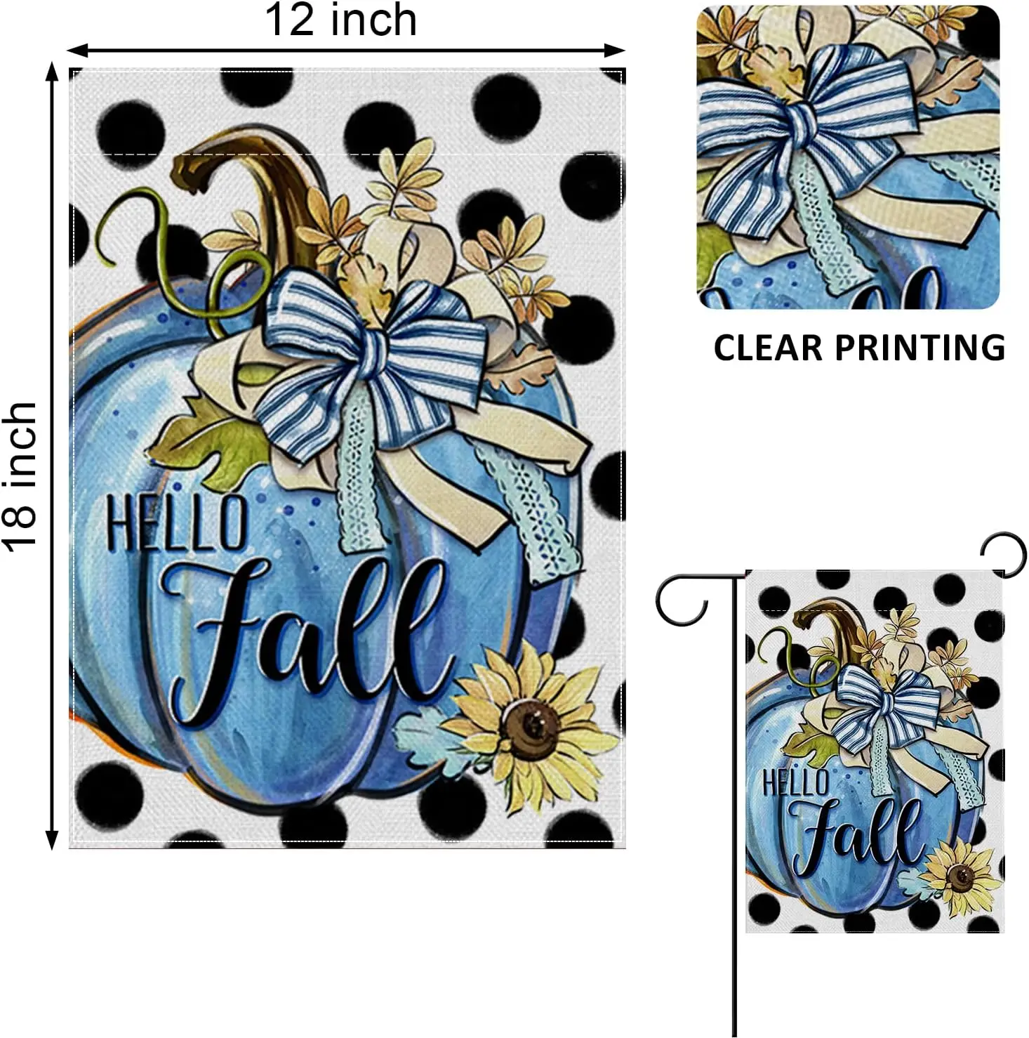 Hello Fall Teal Blue Pumpkin Decorative Garden Flag, Autumn Polka Dots Farmhouse Yard Outside Decorations, Thanksgiving Seasonal