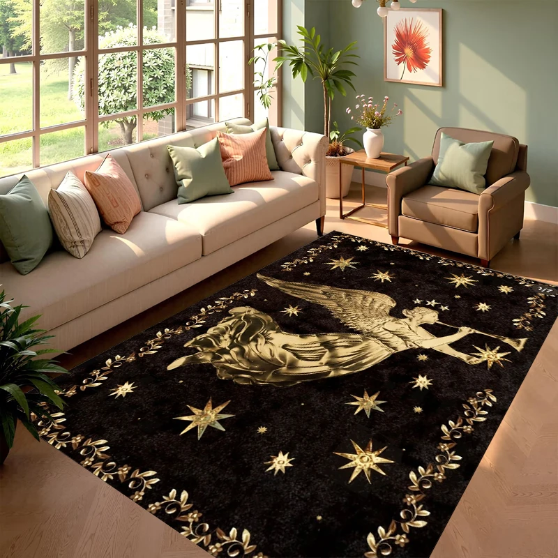 Luxury Gold Angel Area Rug Black Gold Star Print NonSlip Floor Mat for Living Room Bedroom Gothic Home Decor Bedroom Decor