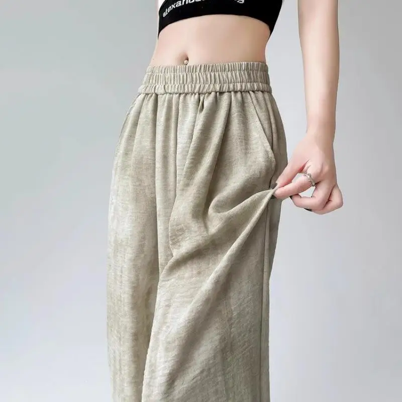 夏用薄手ワイドレッグパンツ レディース 日焼け防止 ハイウエスト ルーズストレートカット アイスシルク コットンリネン 染め加工 ラウンドパンツ