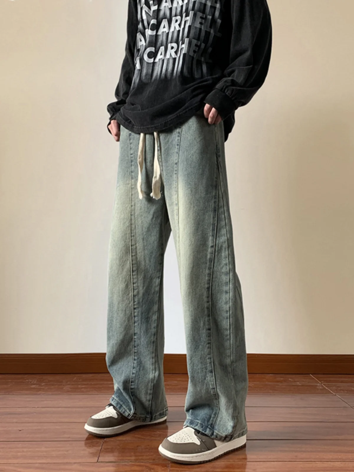 

Retro Sle Men's Jeans Straight Leg High Street Faion Casual Long Trousers Spring Autumn Wear Comfortable Denim Pants
