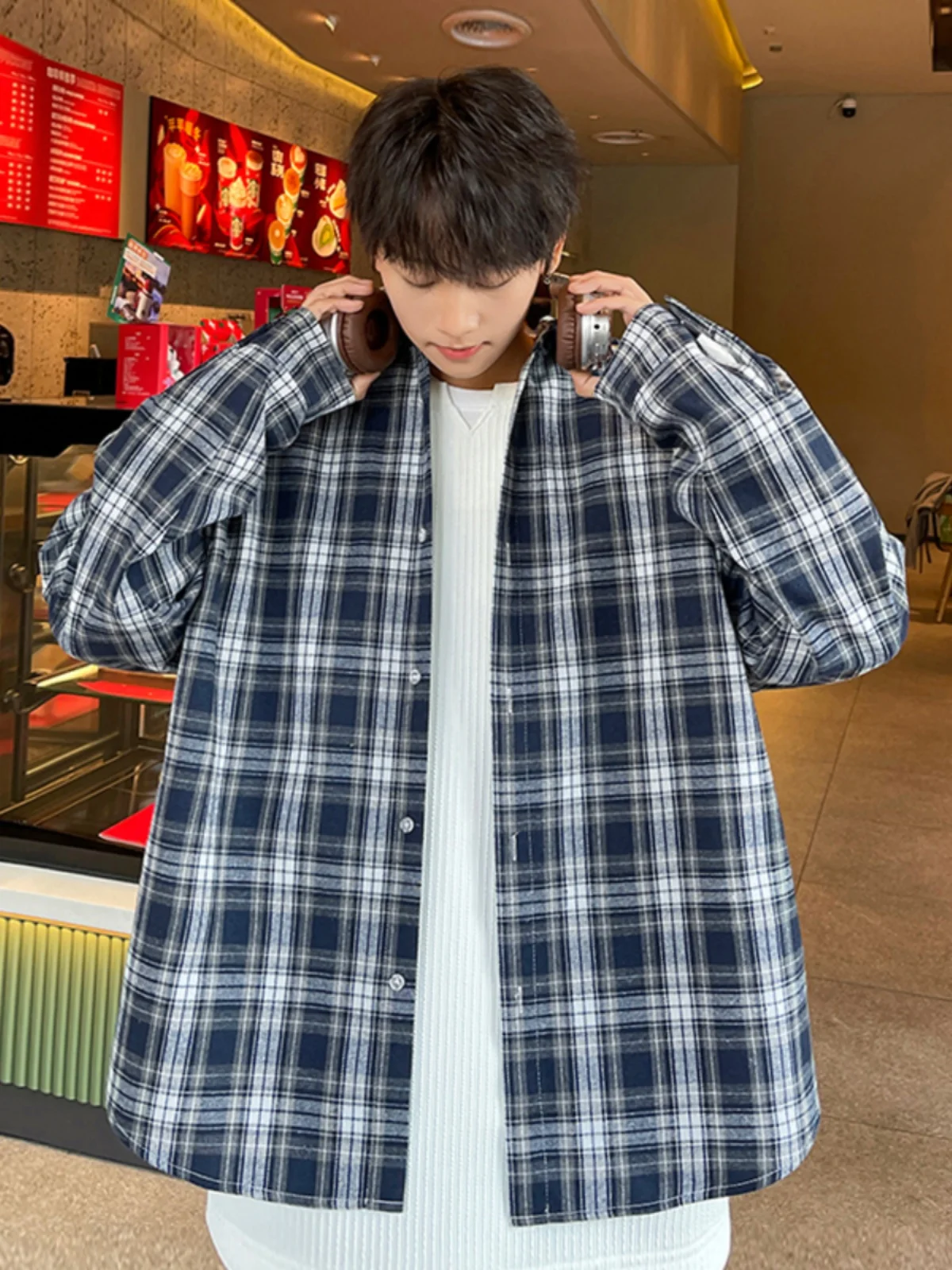 

Мужская рубашка в американском ретро-стиле в клетку с длинным рукавом, весенне-осенняя, модная, свободного кроя, больших размеров, повседневная, для подростков и молодежи