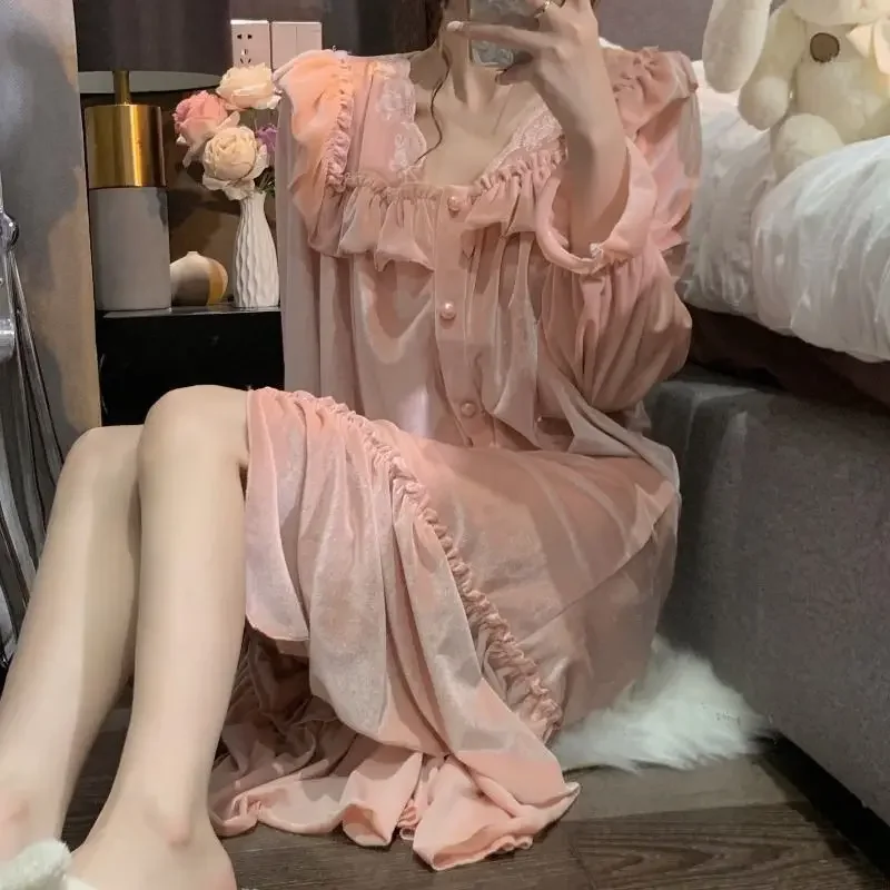

Sleepwear Ruffles Sleeve Night Long Elegant Dress Autumn 2023 Piece Korean Pajamas One Home Velvet Solid Womens Wear Nightgown