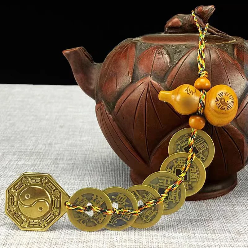 Brass Five Emperor Coin hanging, Peach Wood Gourd Copper Coin Bagua Mirror Portable Ornament, Lucky Feng Shui Supplies
