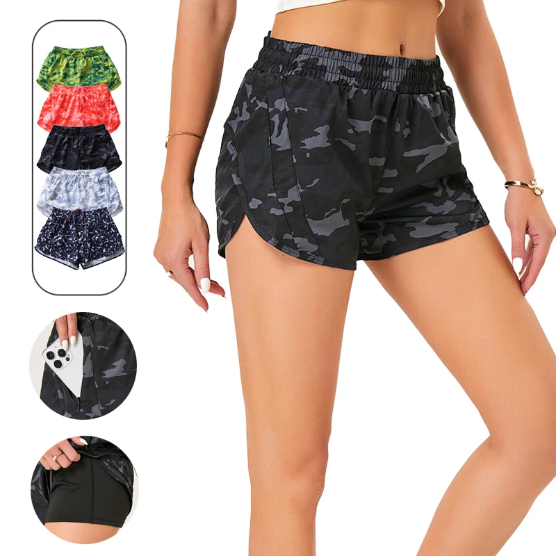 

(S-2XL)Женские камуфляжные шорты для бега с леопардовым принтом и подкладкой, шорты для тренировок для йоги на шнурке, быстросохнущие, против выглядывания, с двумя карманами на молнии