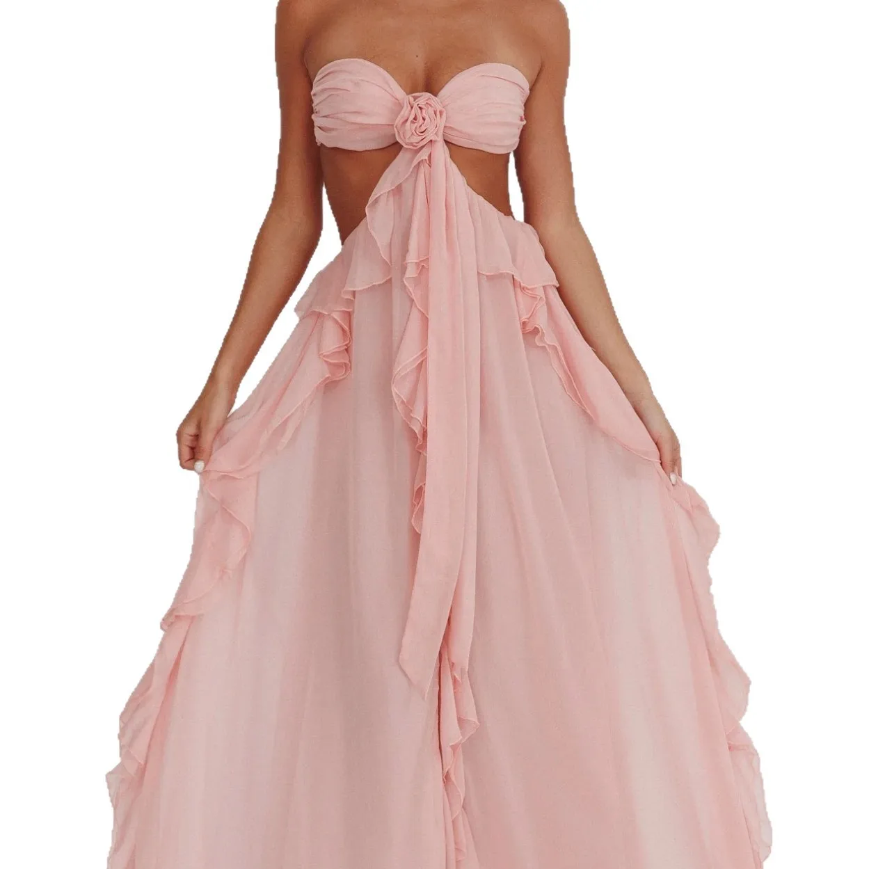 Sexy Backless Chiffon Tie Ruffled Maxi Dress, Sheer Women's Dresses, Bodycon Jumpsuit Playsuit view 5