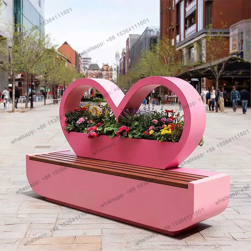 Creative outdoor wrought iron flower box bench combination square external pendulum stainless steel flower bed