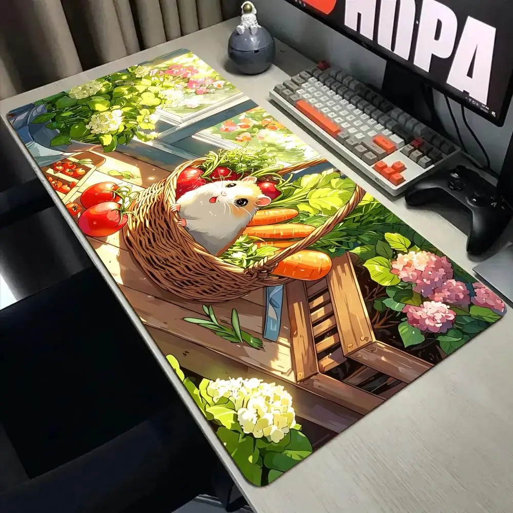 Happy Hamster and Vegetables Mouse Pad Desk Mat with Stitched Edge XXL Mousepads Rubber Anti-slip Gamer Keyboard Rug Gaming Mats