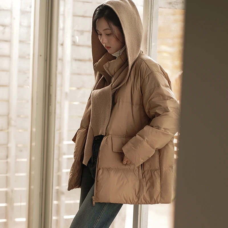 

Теплая свободная вязаная куртка-пуховик с капюшоном для женщин, новая зимняя модель, стильная повседневная, в корейском стиле, длинная, на молнии
